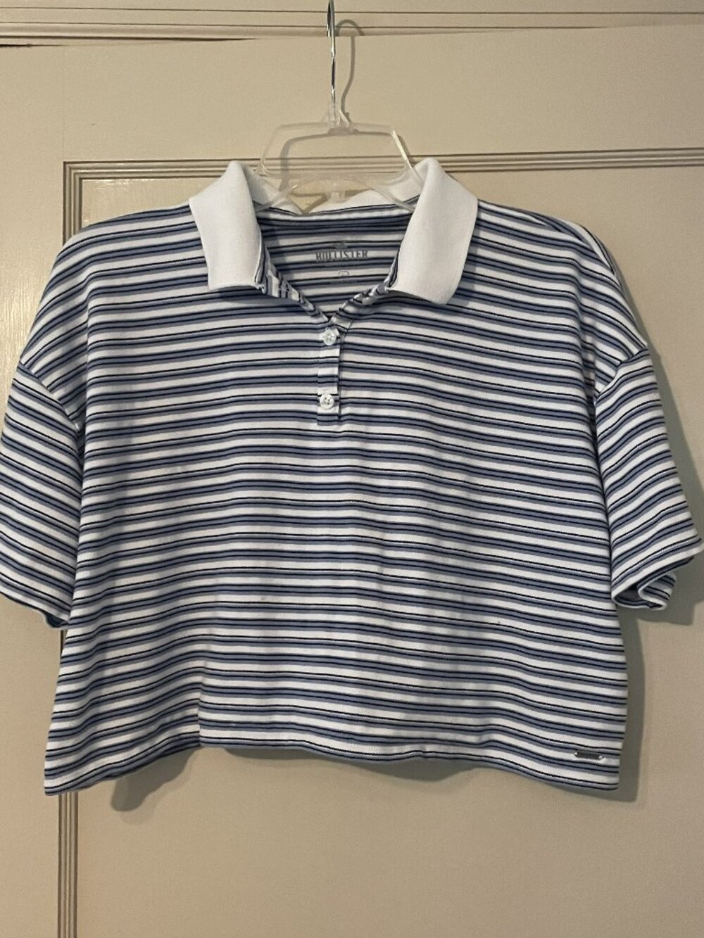 Hollister: Blue-Grey Stripes, Cropped Collar Polo-Top
